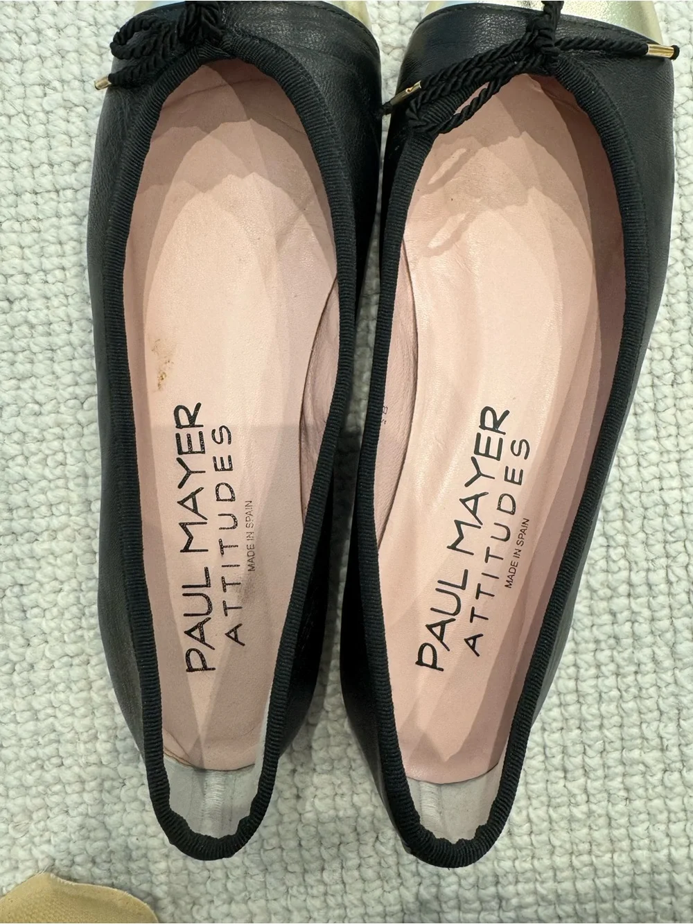 Paul Mayer Black Leather Ballet Flats with Gold Toe